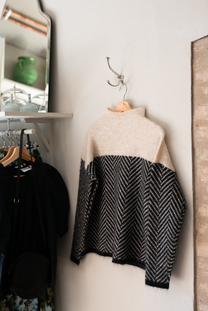 - sweater with high collar and Herringbone pattern