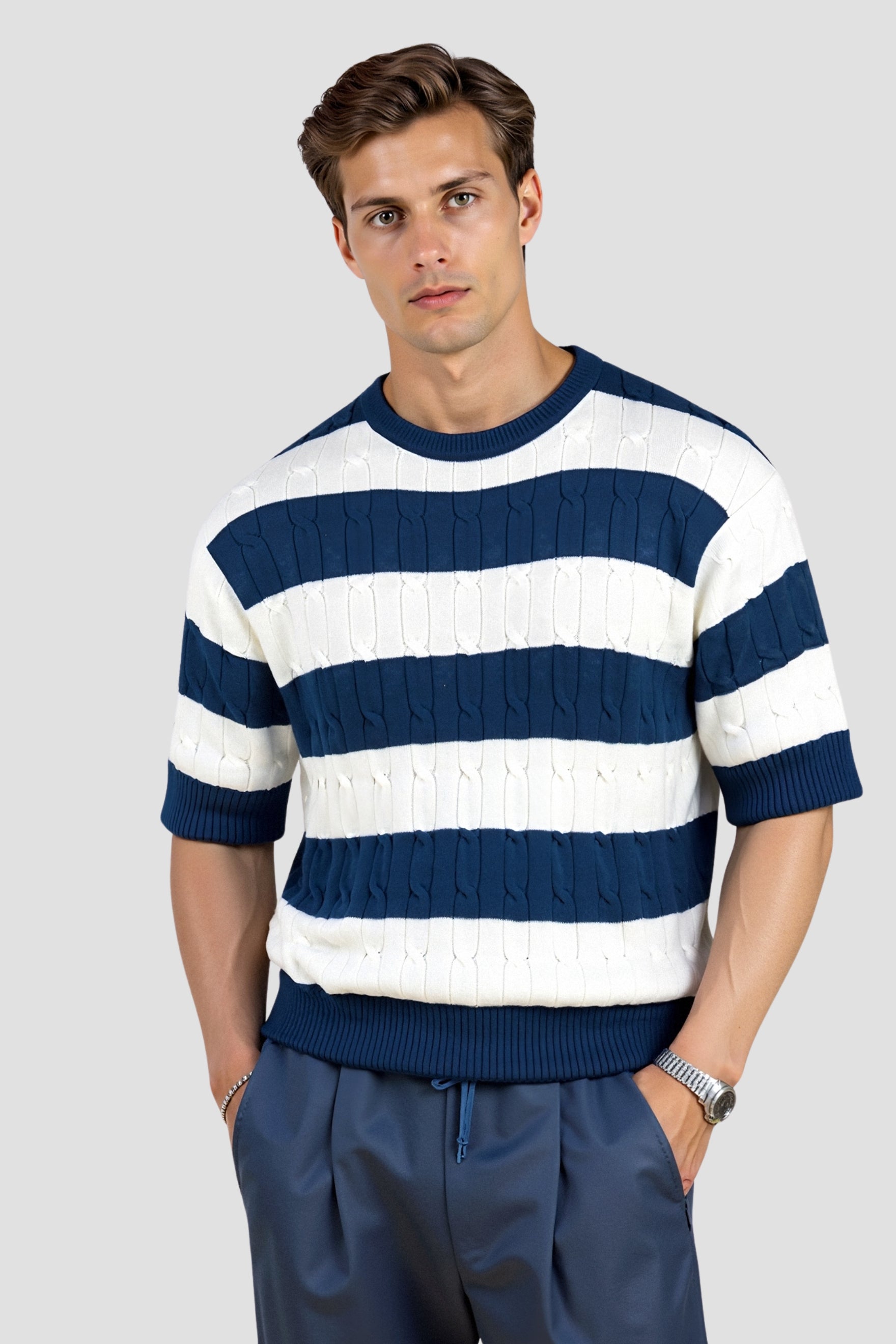 Crew Neck Cable Knit Streifend T-hemd